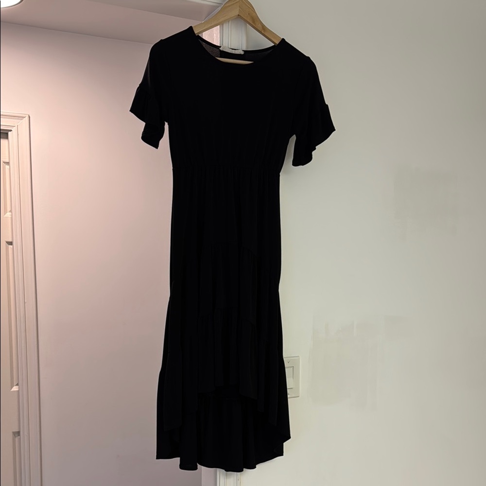 Cute stretchy Black Midi Dress with high low front and ruffled layers